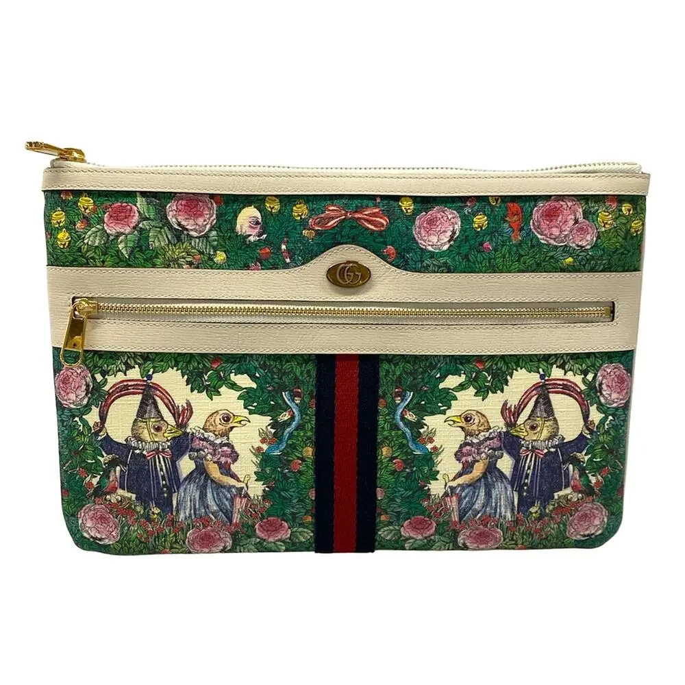 Gucci Ophidia, Yuko Higuchi Clutch Bag 517551 Green Cream Multi PVC Leather